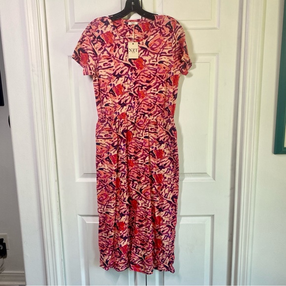 Nic+Zoe BLURRED FLORAL SHORT SLEEVE SIDE SLIT MIDI DRESS pink XS - Picture 3 of 7